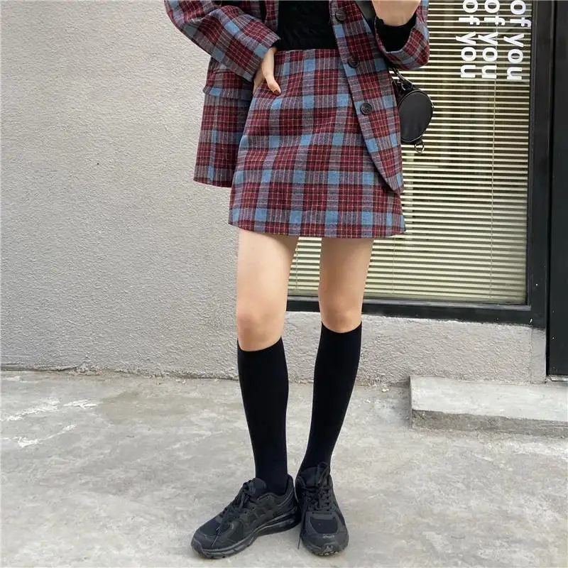 Fashion Two-piece Suit Women Winter New Style Korean Plaid Woolen Blazer + High Waist A-line Skirts Sets Female