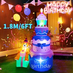 1.8M/6FT Birthday Inflatables Holiday DIY Decoration Happy Birthday Purple Cake with Candles Little Bear Cake Blow Up Yard Decor