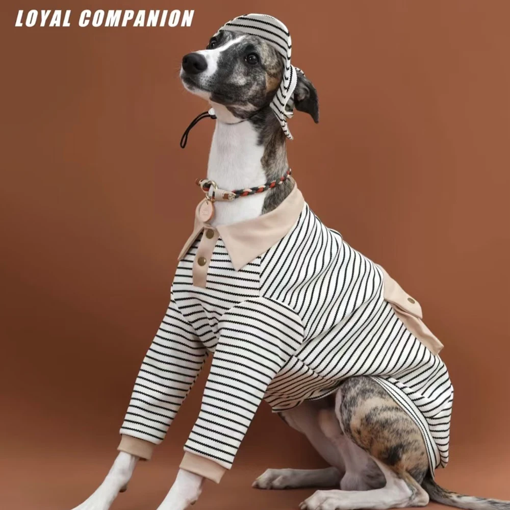 

Spring Summer Striped Polo Shirt with Hat for Greyhound Soft Long Sleeves Cotton Coat Suit for Small Media Large Whipbit Dogs