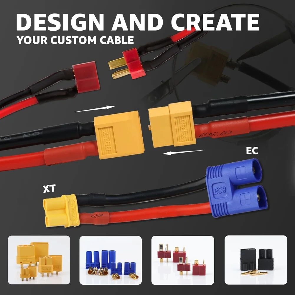 62PCS T Type For XT60 For EC3 Connector Kit with 14AWG Silicone Wire for RC Aircraft Drones and Remote Control Models