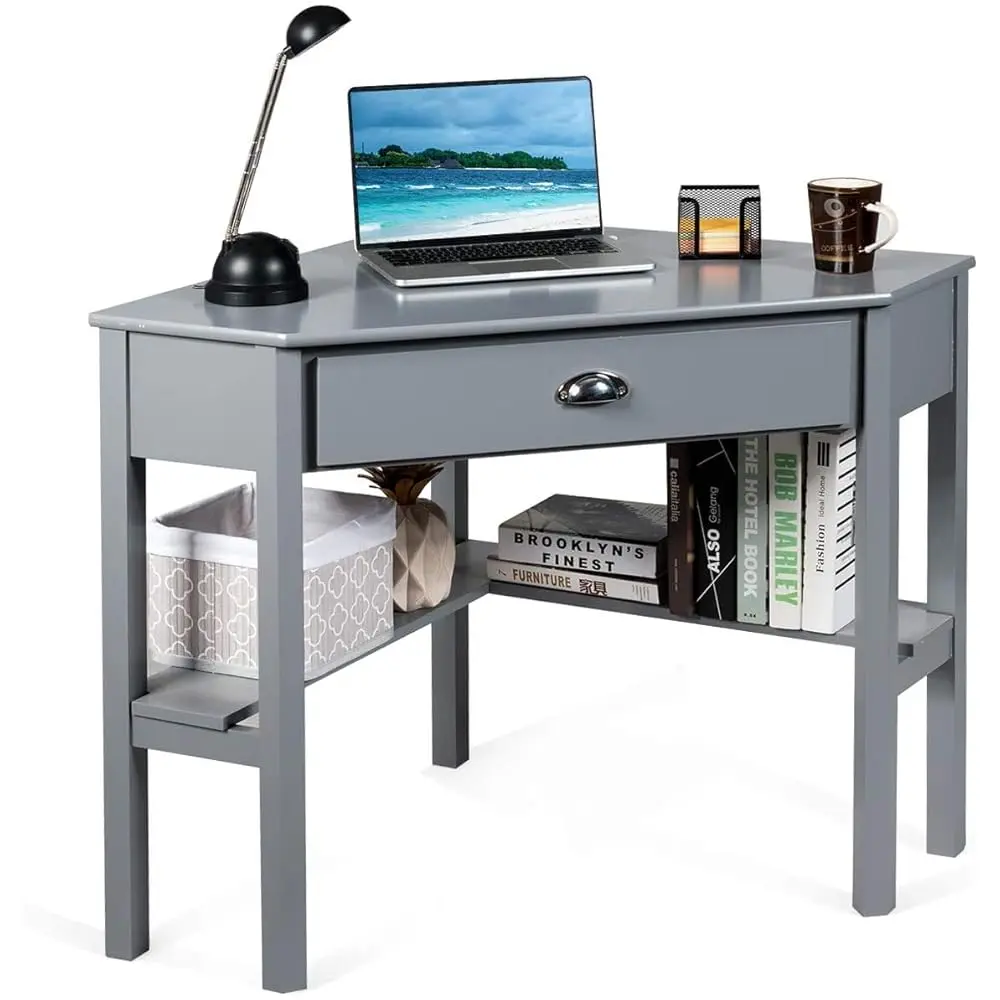 

Nightcore Corner Desk For Small Space, Wood Corner Computer Desk, Compact Writing Table W/Drawer & Storage Shelves, Space
