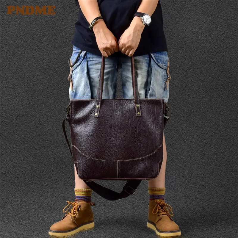 PNDME casual vintage genuine leather men tote bag outdoor luxury real cowhdie large-capacity handbag work shopping shoulder bag