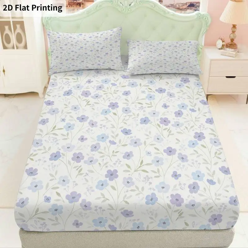3Pcs Florallilac Fitted Sheet Three Piece Set (1*Fitted Sheet + 2*Pillowcases, Coreless), Bedding Set