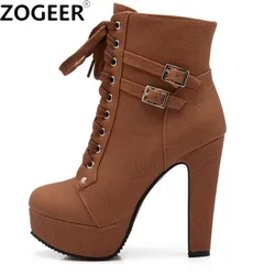 Fashion Brown Women’s Ankle Boots Platform High Heels Motorcycle Boot Sexy Buckle Lace-up Ladies Party Shoes Large Size 45 48