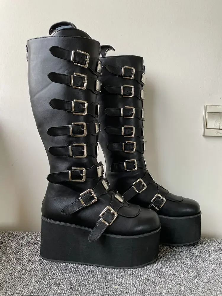 Frauen Stiefel Cosplay Damen High Heel Plattform Keile Frauen Hohe Stiefel Gothic Schnalle Lange Röhre Leder Weibliche Stiefel Plus Si – Detail 17