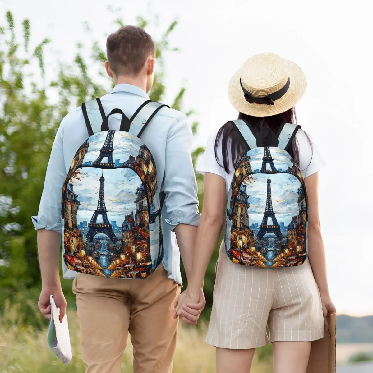 Paris Street Scene With Eiffel Tower French Countryside Student Backpack School Bag Daypack for Boys Girls Bookbag Shoulder Bags