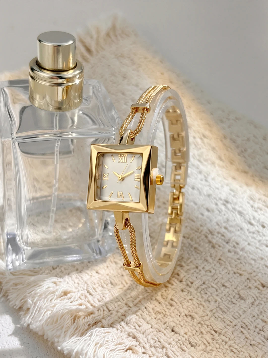 Retro Refined Domed Glass Square Dial Rope Chain Bracelet Gold Watch for Woman