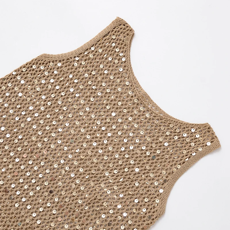 بلوزة نسائية أنيقة مزينة بالترتر بتصميم مفرغ من زاداتا، تصميم أصلي من ألياف البوليستر بقصة مستقيمة قطعة واحدة لصيف 2025