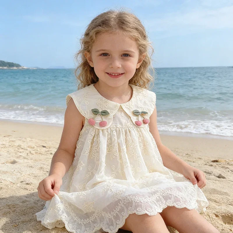 2026 New Summer Sister Clothing Kids Princess Dresses Sleeveless Cotton Lace Splicing 1-5Yrs Baby Girl Birthday Party Dress