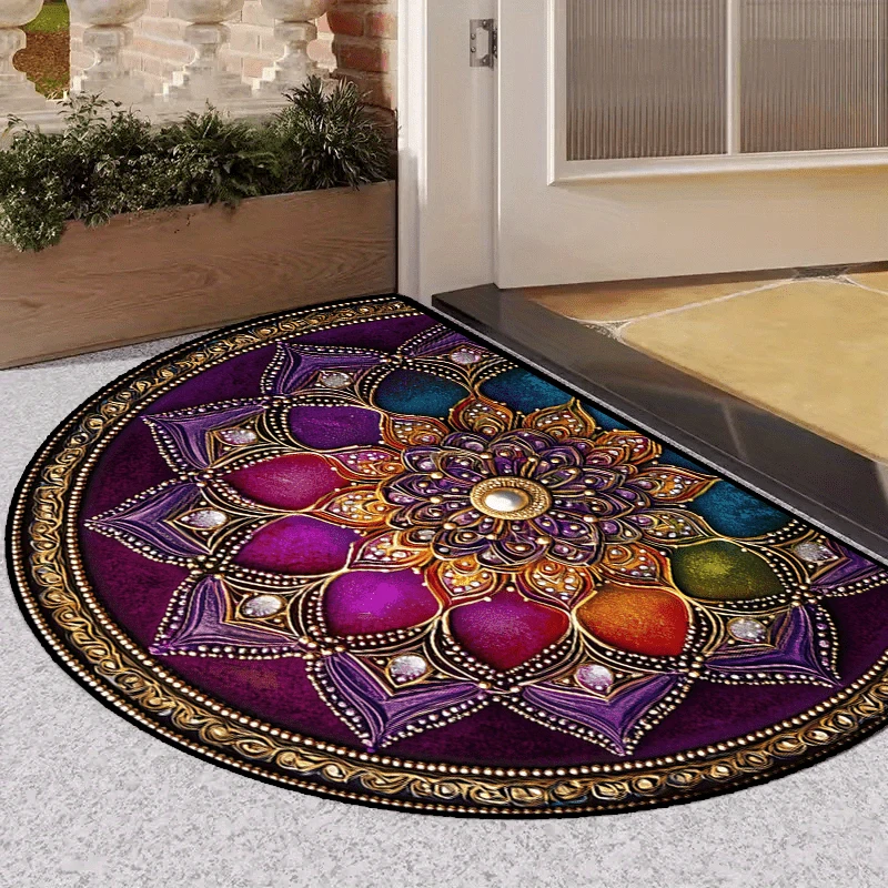 VIKAMA Mandala Semi-Circle Door Mat Indoor Outdoor Entrance Carpet Non-Slip Dirt-Resistant Kitchen Floor Mat Home Decoration