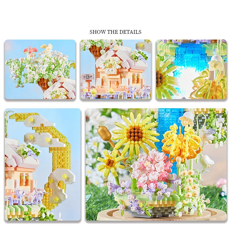 Romantic Sky Flower House Building Blocks Creative Sunflower Bonsai with Moon Blocks Toys for Girls Gift Desktop Decoration