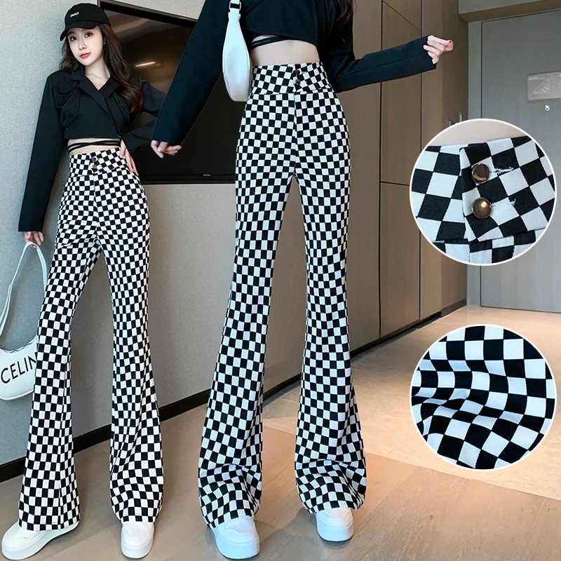 Retro Plaid Vrouwen Rechte Pijpen Casual Drapey Afslanken Hoge Taille Micro Uitlopende Broek Koreaanse Sle Pendelen Wind Lange Broek