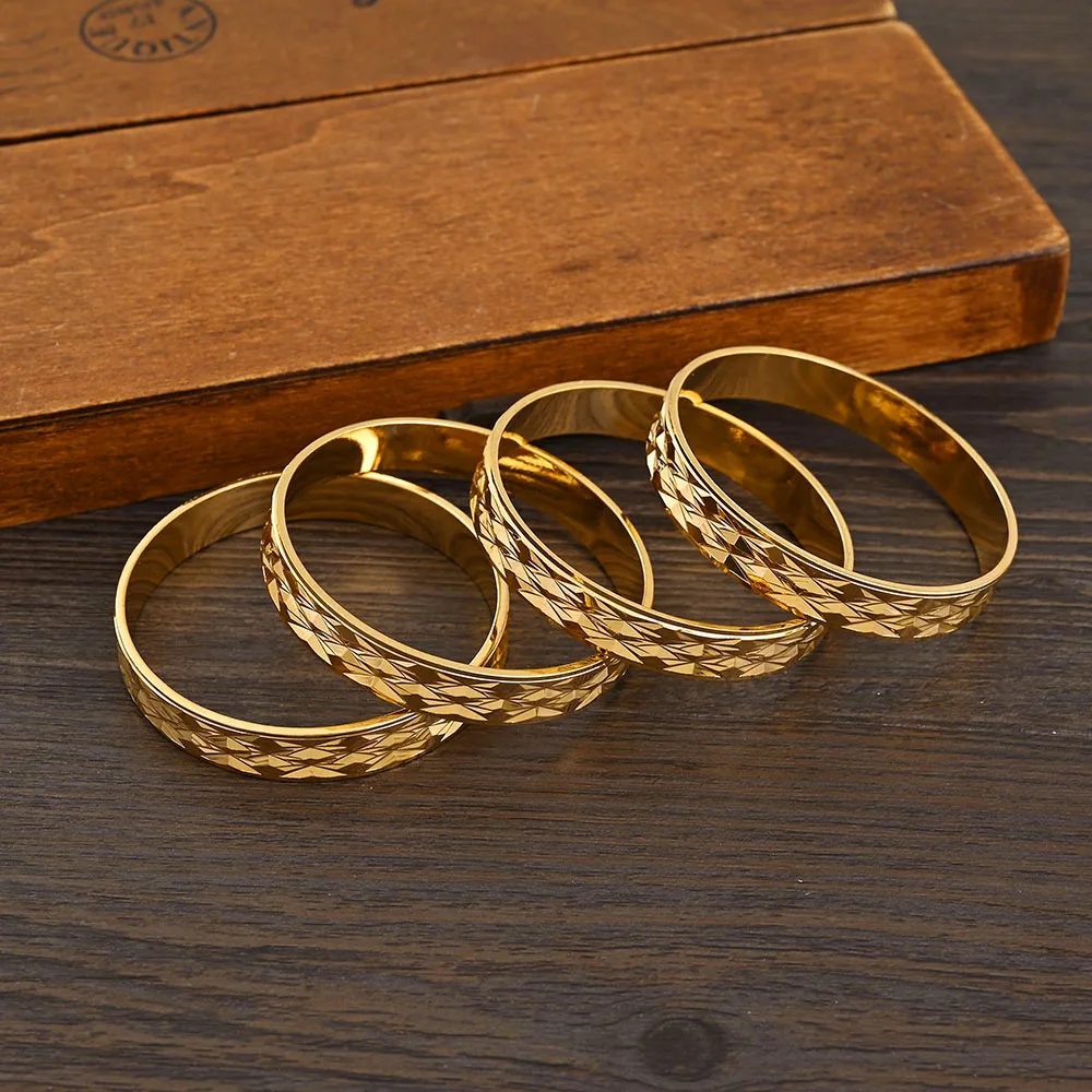 4PCS 24K Golden Color Width 8mm Different Size Hawaiian Jewelry Polynesian Gold Plated Flower Bangles  Girls Birthday Party Gift