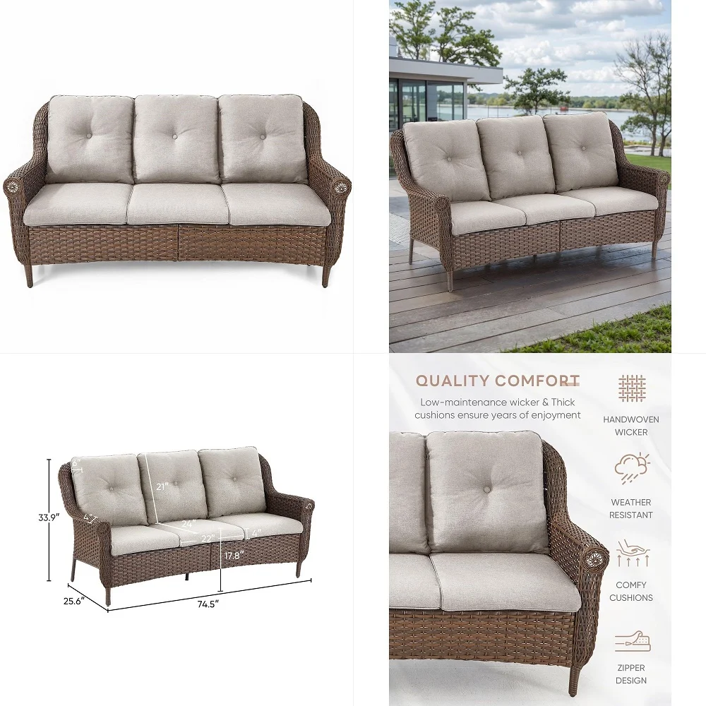 

Couch Outdoor Wicker Sofa Heavy Duty AllWeather Brown Rattan 3Seater with High Back and Comfortable Thick Cushions for Garden B