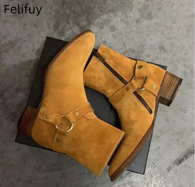 

Black Suede Chain Boots for Men High Heeled Men's Boots Luxury Genuine Leather Ankle Boots Zipper Winter Male High-Top Shoes