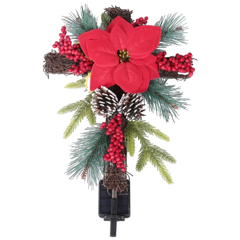 Christmas Cross Stake Metal Cross Solar Powered With Fairy Lights, Natural Rattan, Red Poinsettia & Berries