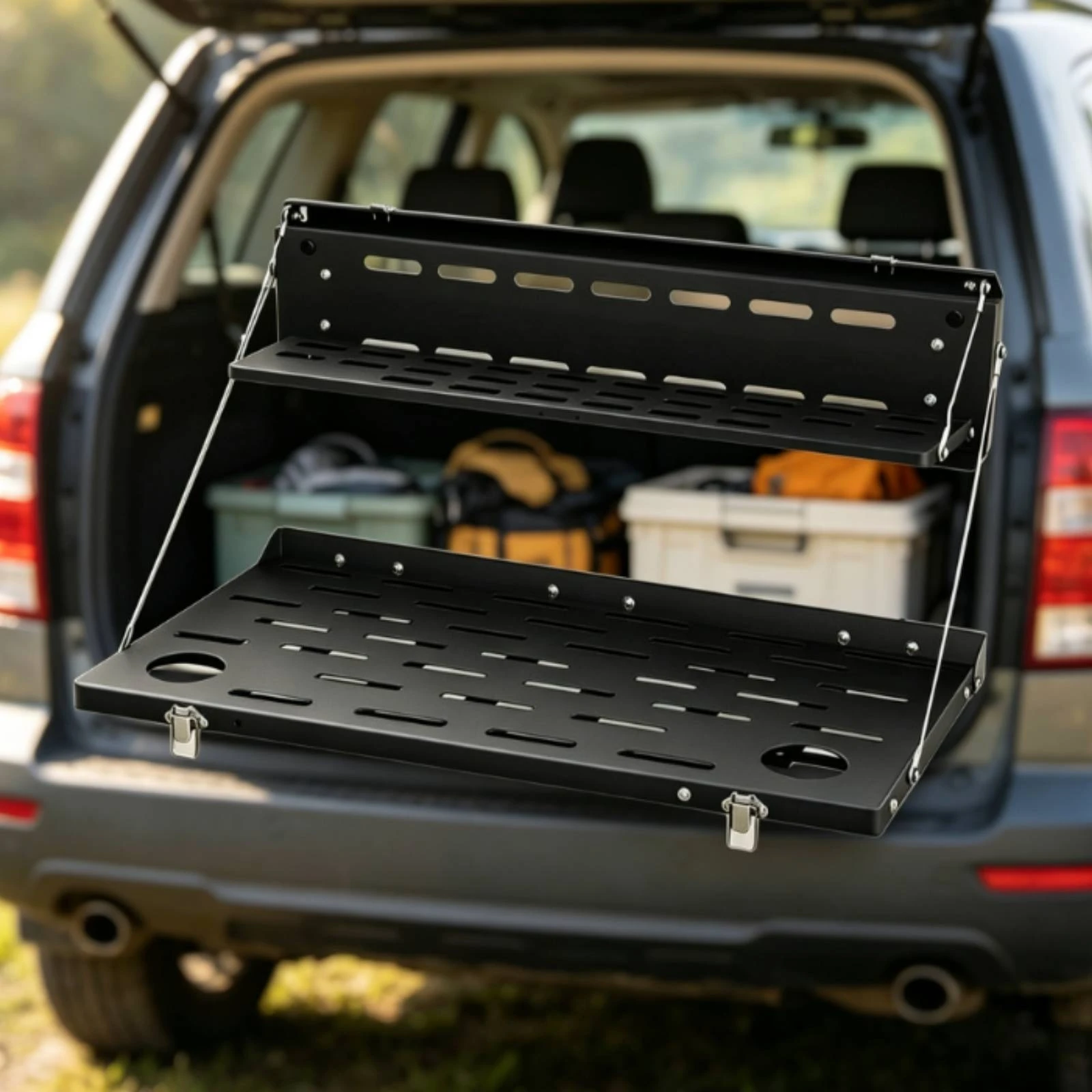 Two-Tier Tailgate Table Stable Foldable Double-Layer Shelf Tailgate Shelf with Support Cables Black Portable for Campers