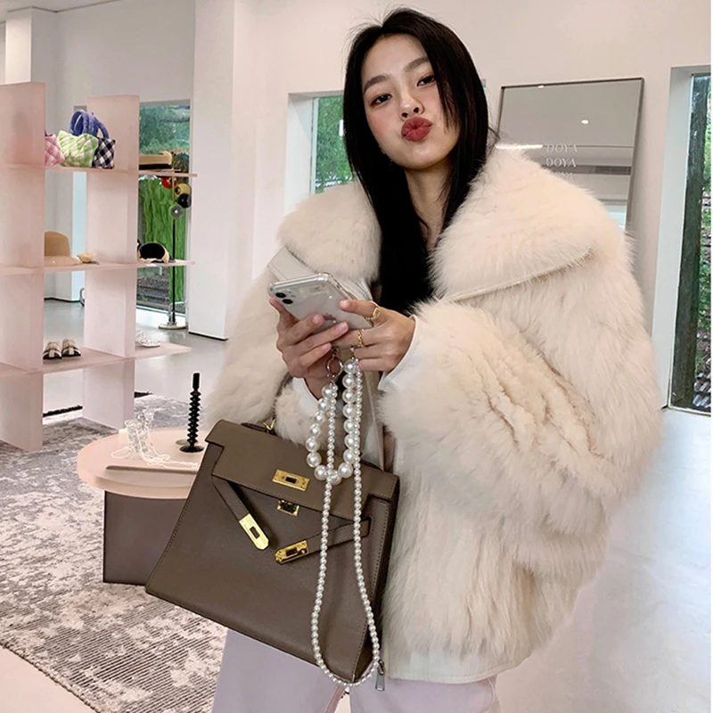 Imported Fox Fur Women's Coat Winter Short Casual Large Lapel Full Pelt Outerwear Fashion Solid Batwing Sleeve Real Fur Jac