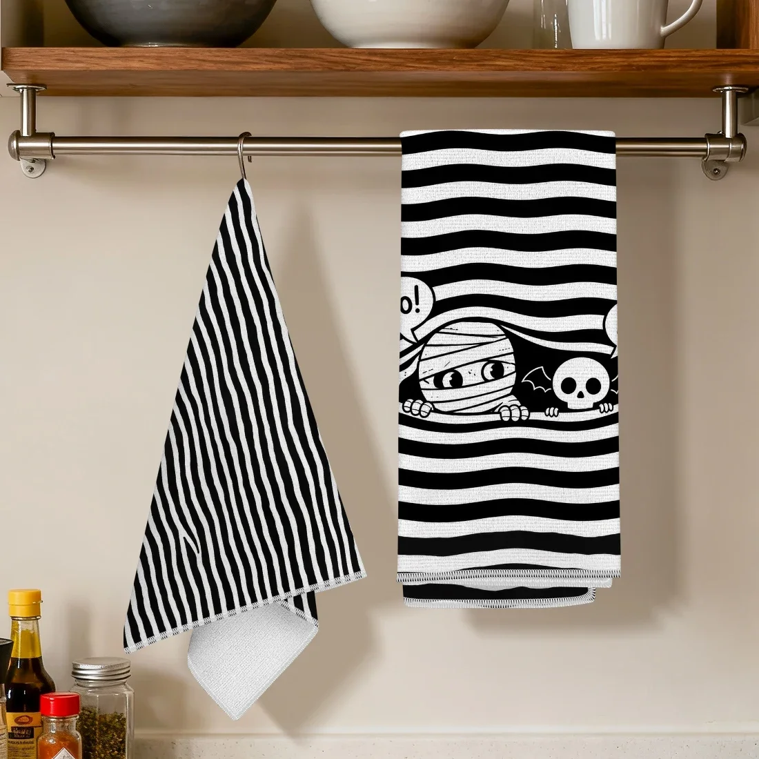 2pcs Set Kitchen Towels Black And White Halloween Ghost DesignHand Towels Christmas Decorations For Home Noel Dish Towels Gifts
