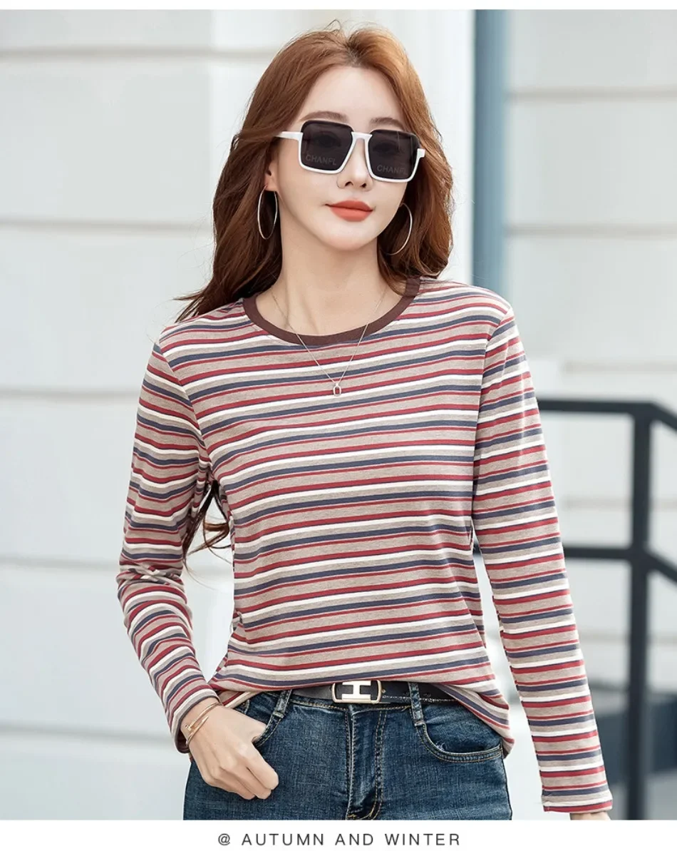 2024 neue Damen bekleidung Rundhals ausschnitt gestreiftes Unterhemd Frühling und Herbst Langarm Tops T-Shirt lose Innen lässig Top – Detail 15