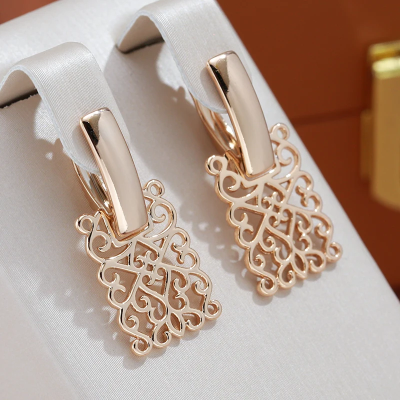 Vintage Square Hollow Texture 585 Rose Gold Color Earrings Fashion Party Wedding Jewelry Women Dangle Earrings Accessories