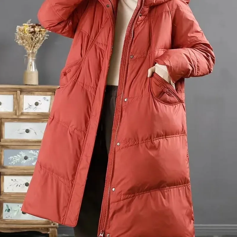 2023 neue Frauen Daunen jacke Wintermantel weiß mittellange Parkas Kapuze Outwear große Baggy Taschen Mantel