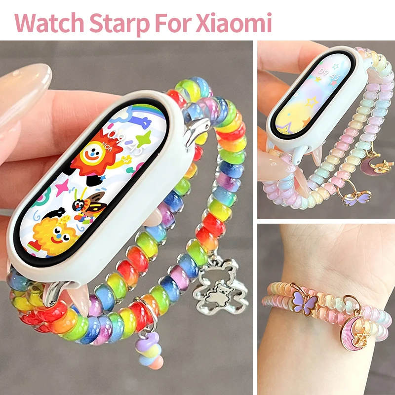 Jewelry Watches For Kids - สายรัดข้อมือลูกปัดแบนสีรุ้งสำหรับ Xiaomi Mi Band10 9 8
