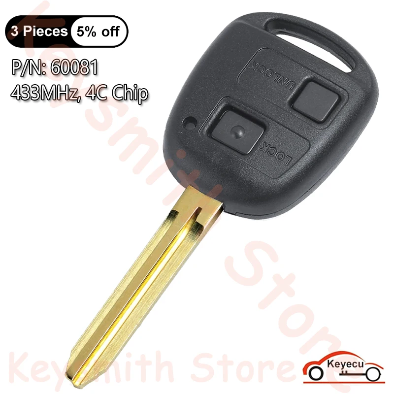 

KEYECU 2 Buttons 433MHz 4C Chip for Toyota RAV4 Auris Prado Corolla Camry Yaris Auto Remote Control Key Fob Replacement 60081