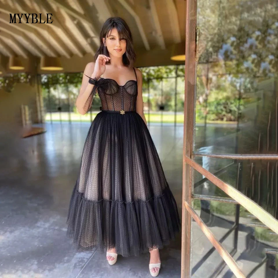 

Plus Size New Arrival Black Dotted Tulle Prom Gowns A-Line Spaghetti Straps Ankle Length Formal Party Evening Dresses 2022