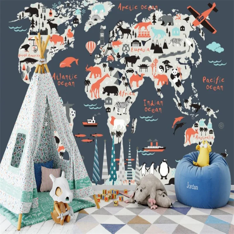 Children's Room Decor Custom Wallpaper Animal World Map Boy Room Mural for Kids Room Decor 3D Wall Paper for Kindergarten Decor