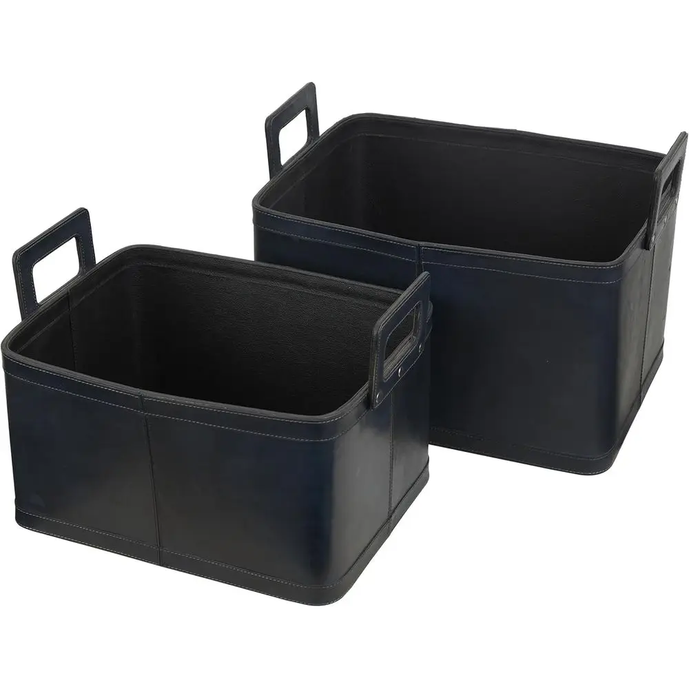 Set of 2 Dark Blue Leather Storage Baskets with Handles, 19 x 17