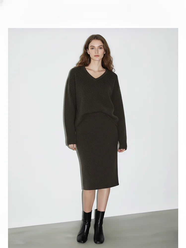 

Autumn Winter Woolen V-Ne Knitted Sweater High Waist A-Line Fi Tail Skirt Skirt Tank Top Retro Hook Faionable