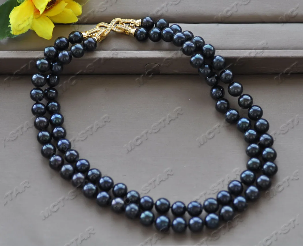 

Z11888 2Row 18'' 11mm Black Round Freshwater Pearl Necklace "8" CZ Clasp