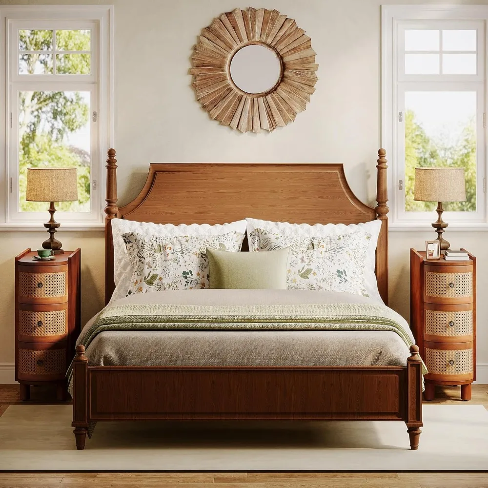 Vine ベッドサイドテーブル、頑丈な構造、多機能、レトロなエンボスハンドル付き、ウォールナットとオークのベッドサイドテーブル