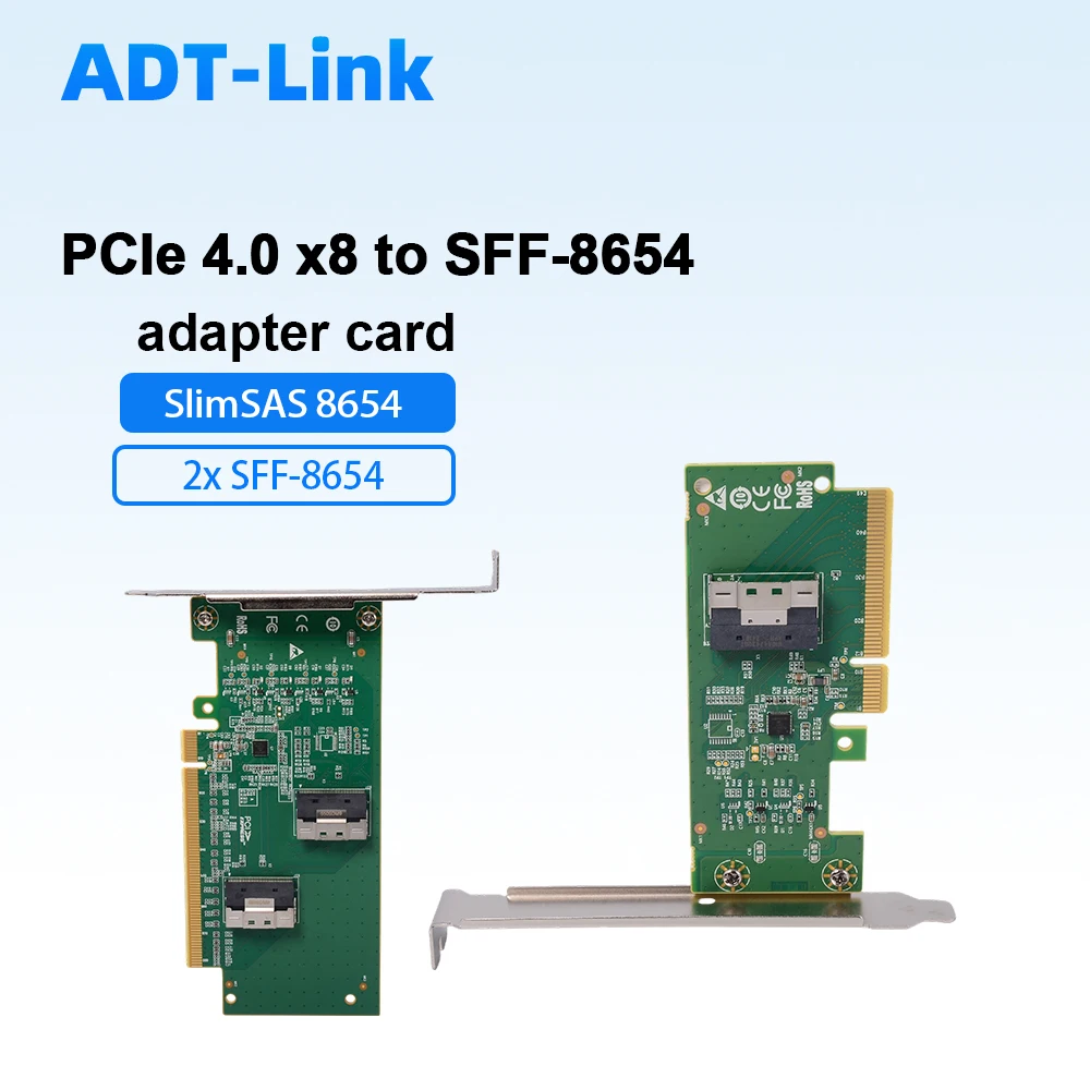 

ADT-Link PCIe 4.0 X8 To SlimSAS SFF-8654 Adapter Card Support PCIe Bifurcation 2-Port NVMe SSD Converter Compatible Gen4/3/2/1