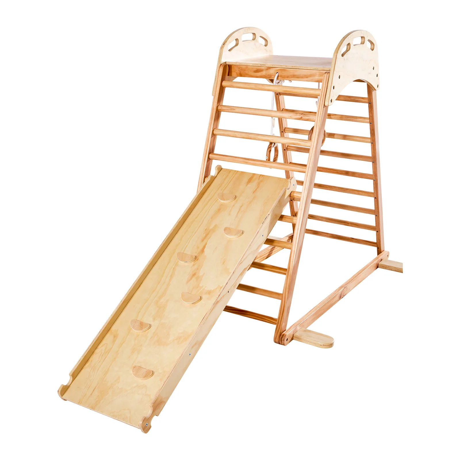 Indoor Playground Jungle Gym, 4-in-1 Wooden Indoor Playground Climbing Toys for Kids, 220LBS Loading, Montessori Toddlers Climber Playset with Climbing Rock, Slide, Wooden Ladder & Gym Rings