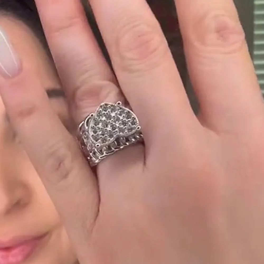 

925 Sterling Silver Women Ring Micro Pave Cubic Zirconia Heart Heavy Design Full Stone Vintage Trendy Fashion