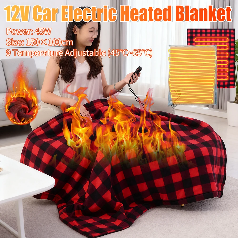 

Car Electric Heated Blanket Heating Mat Fast Heating 12V Soft Heating Mat 9 Adjustable Temperature Auto-off for Car Camping