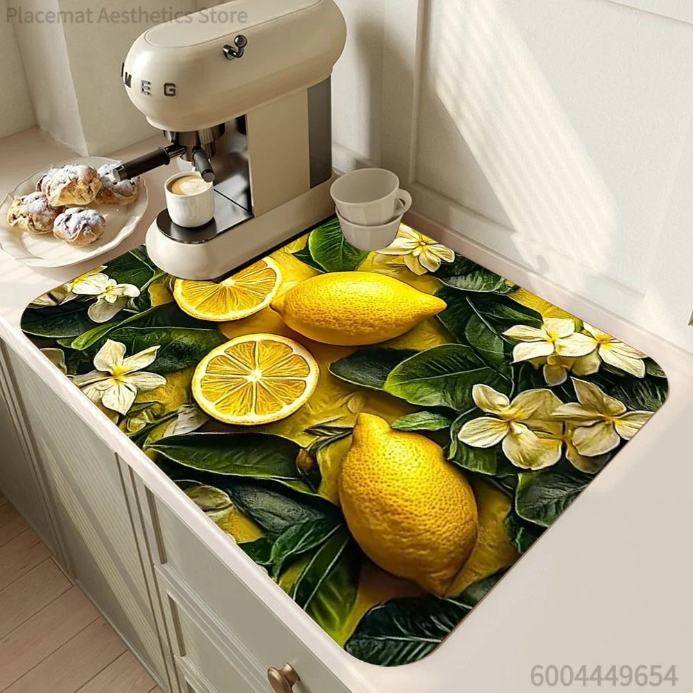 Vintage Watercolor Lemon Print Super Absorbent Kitchen Drying Mat Waterproof Counter Drain Decor Placemat