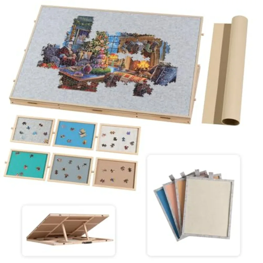 

1500-piece tilting puzzle board for adults: wooden, adjustable plateau with built-in easel/stand, 6 colored drawers 4 felt tray