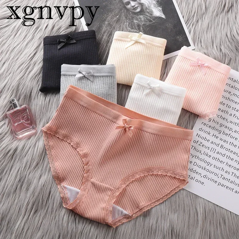 xgnvpy Solid Color Underpants Panties Women Girls Striped Underwear Mid-Waist Soft Briefs Female Lingerie Comfortable Panties