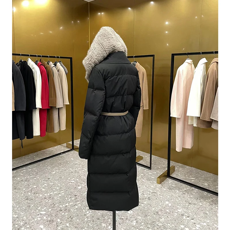 2023 Winter Women Long Coats Filling White Goose Down With Natural Real Mink Fur Collar Luxury Thick Warm Hooded Fashion Jacket