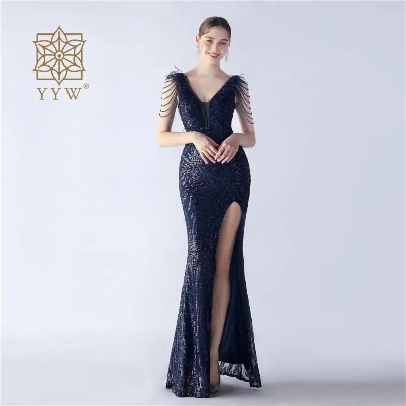 Beading Deep V Women Mermaid Dress Glitter Sleeveless Luxury Long Dress Formal Occasion Ladies Maxi Slim Prom Gowns Gala Vestido