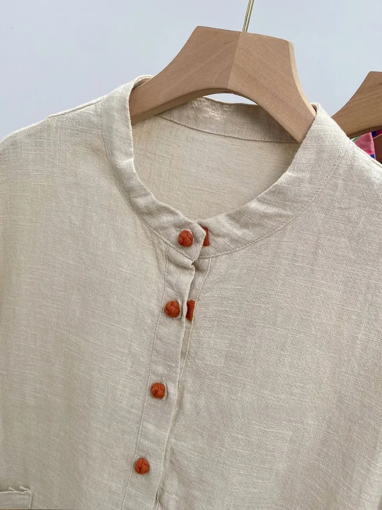 Retro chino Sle algodón Lino ort Sve irt mujer verano Zen Sle botón hasta cuello alto traje de té Top
