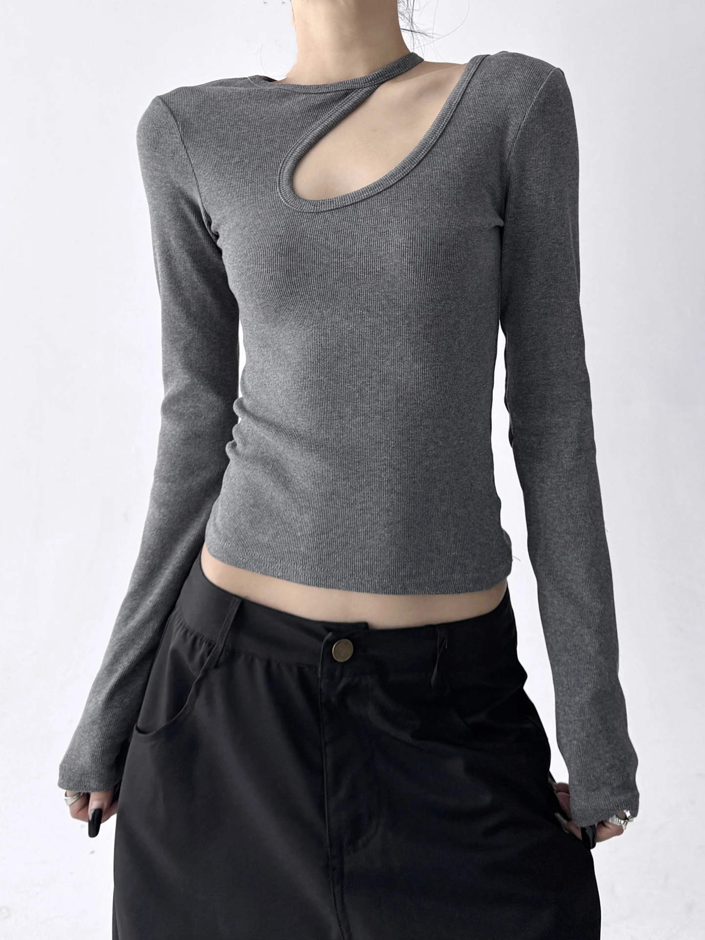 Spicy Girl Hollow out Design Slimming Pure Desire Early Autumn New Sle T-irt Base irt Commute Sle Long Sve Cotton ...