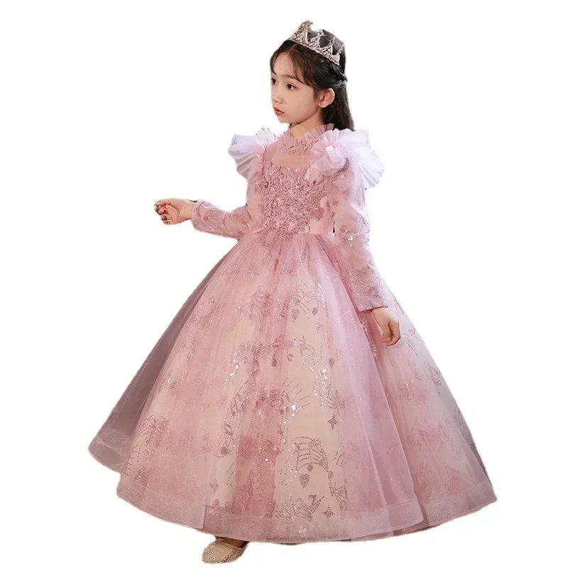 Flower Boy Evening Long sleeved Fairy Girl Birthday Princess Girl Piano Host Pengpeng Sha Performance Dress