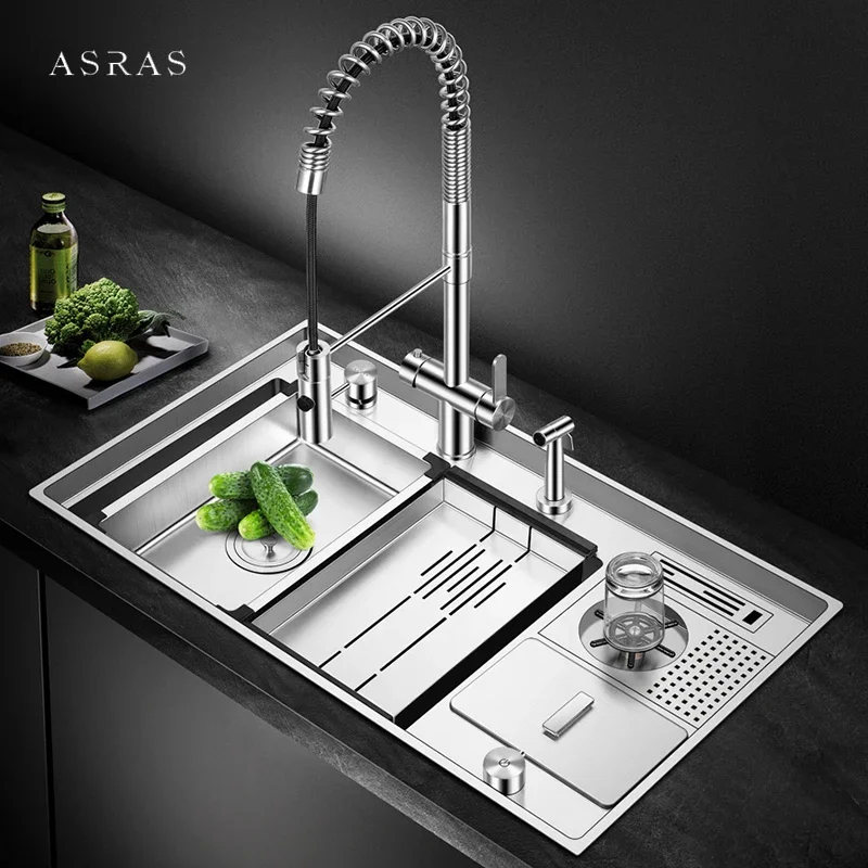 

ASRAS Large Size SUS304 Stainless Steel kitchen Sink 4mm Thickness Handmade Single kitchen Sinks With Cup Rinser And Trash Can