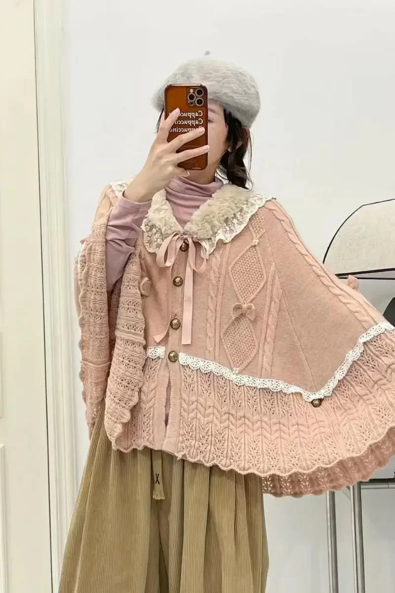 Vintage Lace Patchwork Cardigan for Women, Kawaii, Japanese Preppy Style, Girl JK Uniform,Sweater Coat,Cute Lolita,Kintted Cloak