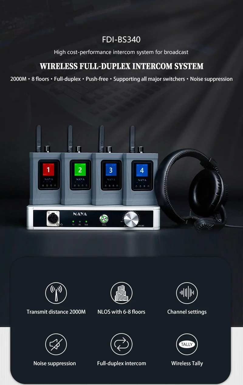 NAYA BS340 FDI-BS340 Wireless Full Duplex Intercom System 2000mTransmit Distance Support Switcher TALLY Light Interphone