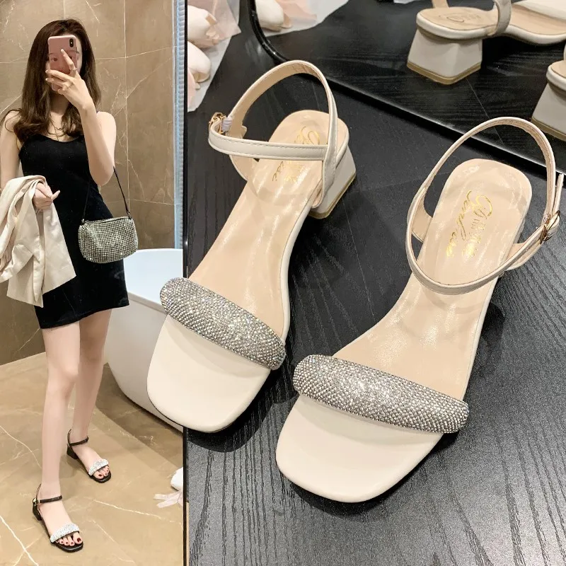 Soft Leather Women\'S 2024 Summer New Fashion Fairy Feng Shui Diamond Thick Heel French Mid Heel Sandals